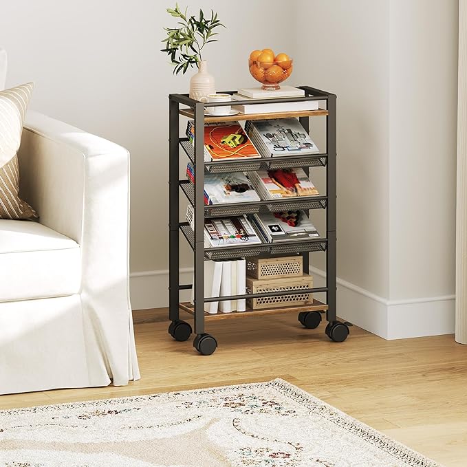 5 Tier Bookshelf, Metal Small Industrial Bookcase, Mobile Book Shelf Paper Cart with Wheels, Book Case Display Storage Shelf Organizer for Living Room, Home Office, Rustic Brown SJ01BR - LeafyLoom