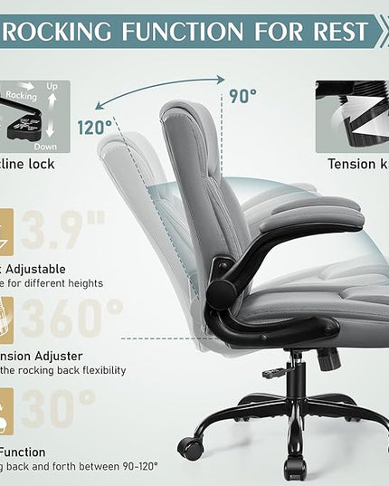 Leather Office Chair, PU Home Computer Desk Chairs with Ergonomic Back Support, 360°Swivel Free，Small Gmaing Chair with Wheels and Adjustable Armrests, for Short People Use, Gray - LeafyLoom