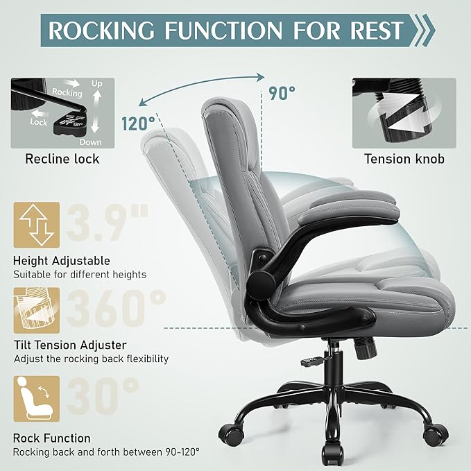 Leather Office Chair, PU Home Computer Desk Chairs with Ergonomic Back Support, 360°Swivel Free，Small Gmaing Chair with Wheels and Adjustable Armrests, for Short People Use, Gray - LeafyLoom