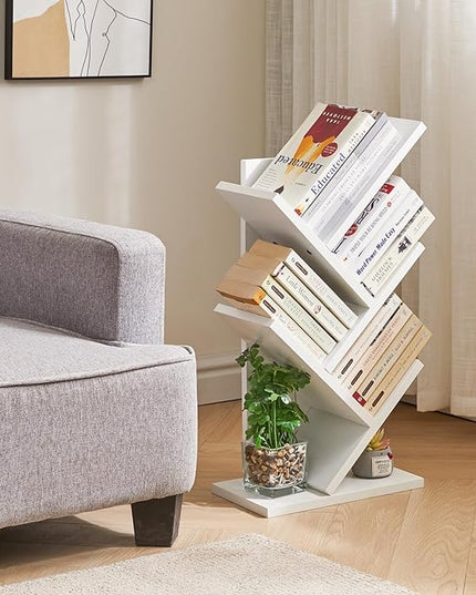 YMYNY 4 Tier Tree Bookshelf, Small Bookcase, Modern Wood Book Storage Rack, Freestanding Book shelf for Books/Movies/CDs, Narrow Display Rack for Living Room, Home Office, White UHBC014W - LeafyLoom