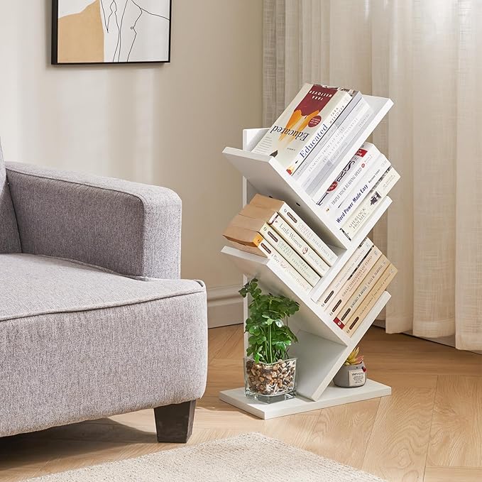 YMYNY 4 Tier Tree Bookshelf, Small Bookcase, Modern Wood Book Storage Rack, Freestanding Book shelf for Books/Movies/CDs, Narrow Display Rack for Living Room, Home Office, White UHBC014W - LeafyLoom