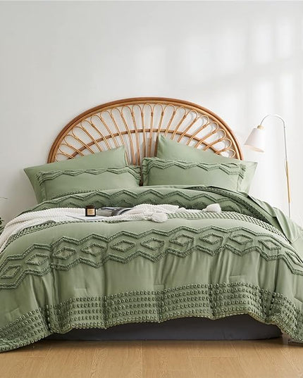 Sage Green Tufted Comforter Set King Size 7 Piece Bed in a Bag, Shabby Chic Boho Comforter and Sheet Set, Pom Pom Textured Bed Set, All Season Soft Microfiber Complete Bedding Set(Green,King) - LeafyLoom