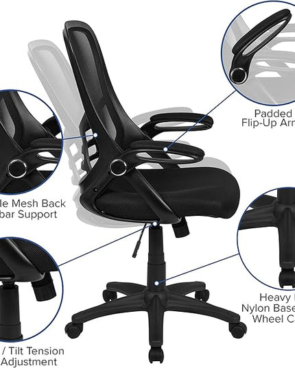Flash Furniture Porter High Back Black Mesh Ergonomic Swivel Office Chair with Black Frame and Flip-up Arms - LeafyLoom