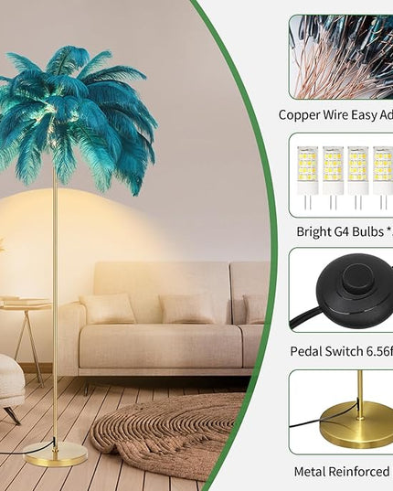 Feather Lamp, Natural Ostrich Feather Floor Lamp for Living Room, 63in Height, 3 Color Temperatures Bright LED Bulbs, Modern Funky Tall Lamp Standing Light for Bedroom (Blue) - LeafyLoom