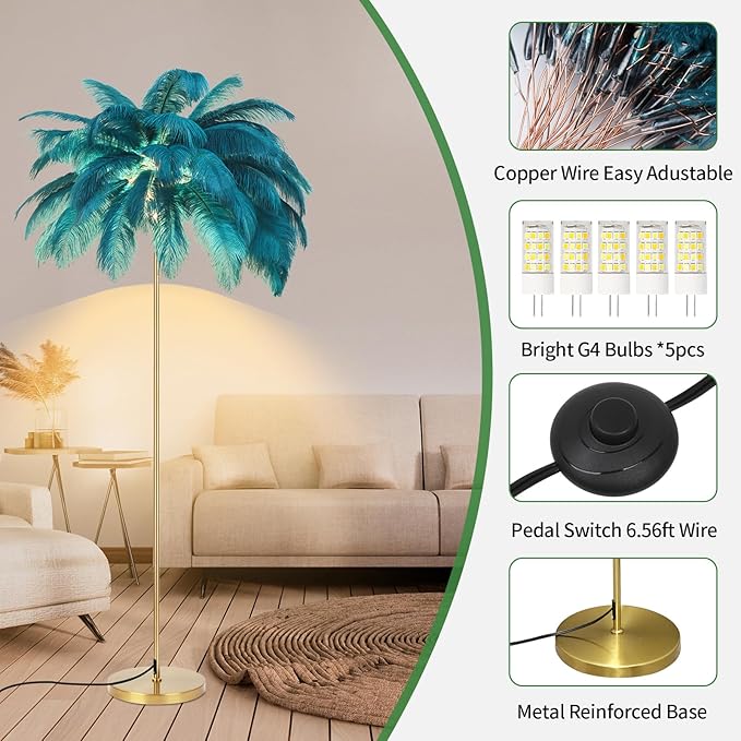 Feather Lamp, Natural Ostrich Feather Floor Lamp for Living Room, 63in Height, 3 Color Temperatures Bright LED Bulbs, Modern Funky Tall Lamp Standing Light for Bedroom (Blue) - LeafyLoom