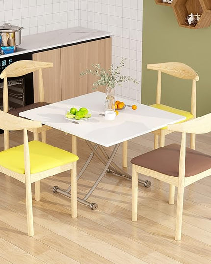 Multifunctional Folding Dining Table, Versatile Lift Top Coffee Table Convertible to Dining Table Height Adjustable Wooden Dinner Table with Metal legs Space Saving White - LeafyLoom