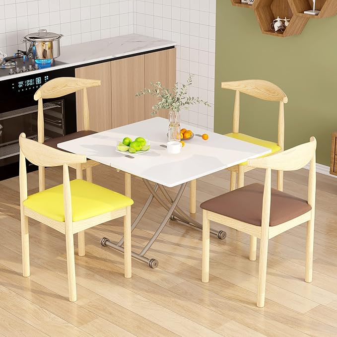 Multifunctional Folding Dining Table, Versatile Lift Top Coffee Table Convertible to Dining Table Height Adjustable Wooden Dinner Table with Metal legs Space Saving White - LeafyLoom