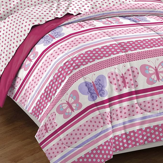 Dream Factory Butterfly Dots Ultra Soft Microfiber Girls Comforter Set, Pink, Full - LeafyLoom