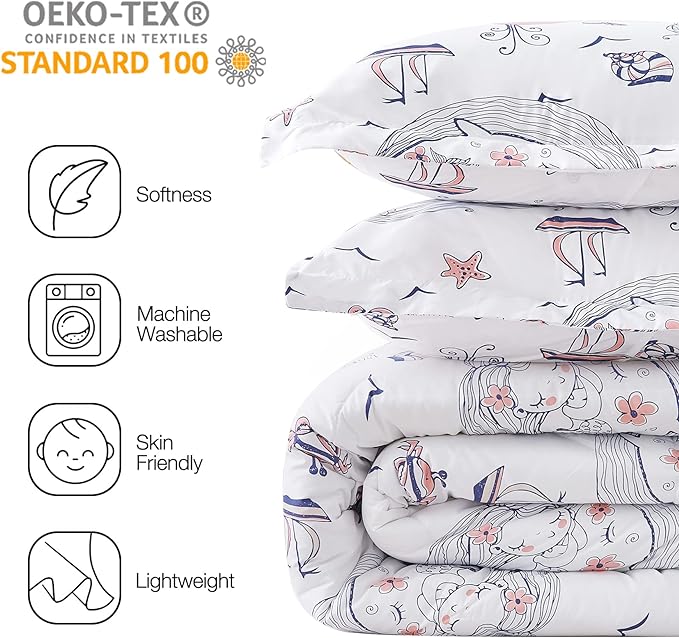 JSD Girls Mermaid Twin Comforter Set for Girls, 2 Piece Kids Printed Comforter with Pillow Sham, Soft Comfortable Machine Washable - LeafyLoom