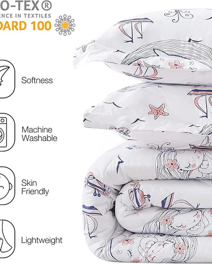 JSD Girls Mermaid Queen Comforter Set for Girls, 3 Piece Kids Printed Comforter with Pillow Shams, Soft Comfortable Machine Washable - LeafyLoom