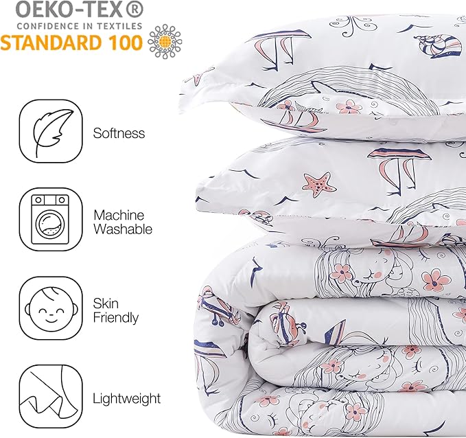 JSD Girls Mermaid Queen Comforter Set for Girls, 3 Piece Kids Printed Comforter with Pillow Shams, Soft Comfortable Machine Washable - LeafyLoom