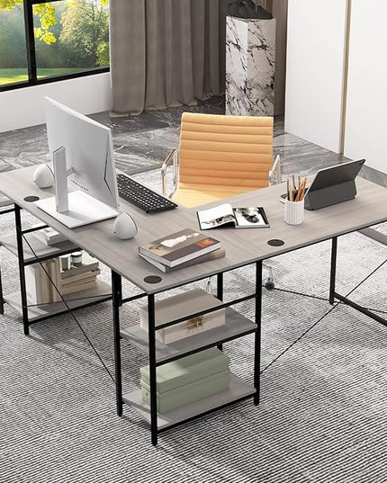 L-Shaped Home Office Desk, Corner Computer Desk w/Monitor Stand, Reversible PC Desk w/Heavy-Duty Metal Frame, Long Office Desk for 2 Person, Space-Saving Design (Grey) - LeafyLoom