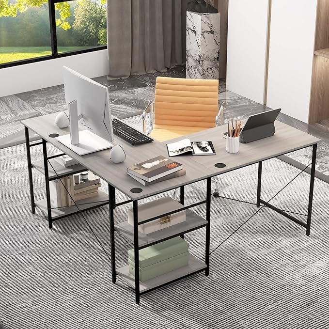L-Shaped Home Office Desk, Corner Computer Desk w/Monitor Stand, Reversible PC Desk w/Heavy-Duty Metal Frame, Long Office Desk for 2 Person, Space-Saving Design (Grey) - LeafyLoom