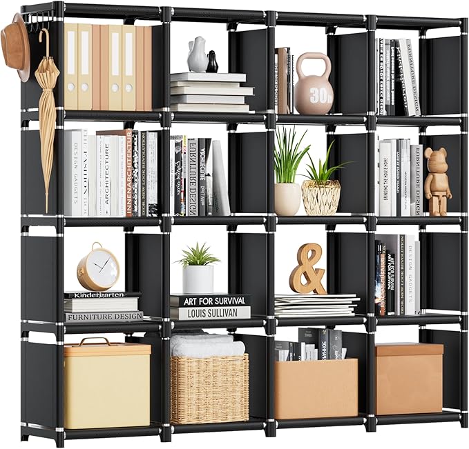 Mavivegue Bookshelf,16 Cube Storage Organizer,Book Shelf Organizer,Tall Bookcase Shelf,Black Cube Shelf Cubbies Closet Storage Organizer Shelves for Bedroom,Living Room,Home,Office, 16-Grid - LeafyLoom