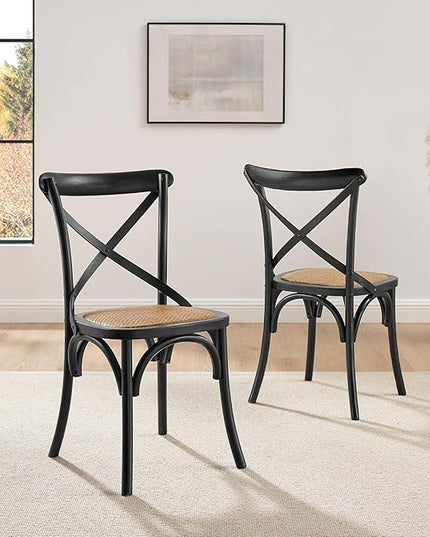Modway Gear Rustic Modern Farmhouse Elm Wood Rattan Two Dining Chairs in Black - LeafyLoom