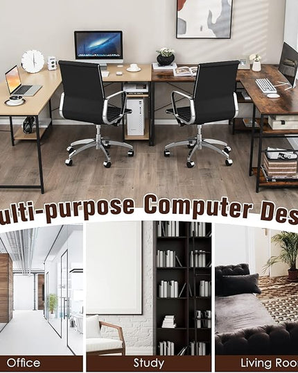 L-Shaped Home Office Desk, Corner Computer Desk w/Monitor Stand, Reversible PC Desk w/Heavy-Duty Metal Frame, Long Office Desk for 2 Person, Space-Saving Design (Rustic Brown) - LeafyLoom