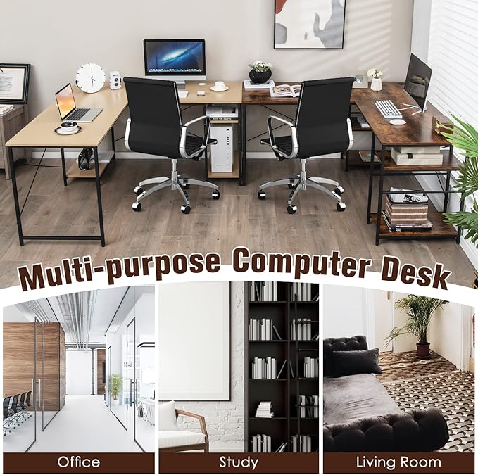 L-Shaped Home Office Desk, Corner Computer Desk w/Monitor Stand, Reversible PC Desk w/Heavy-Duty Metal Frame, Long Office Desk for 2 Person, Space-Saving Design (Rustic Brown) - LeafyLoom