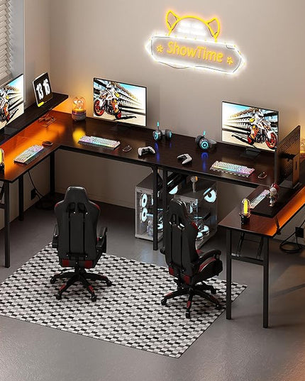 DlandHome Reversible L-Shaped Desk with Monitor Stand,LED Lighting Computer Desk with Power Outlets,Home Office Table Computer Workstation, Black - LeafyLoom