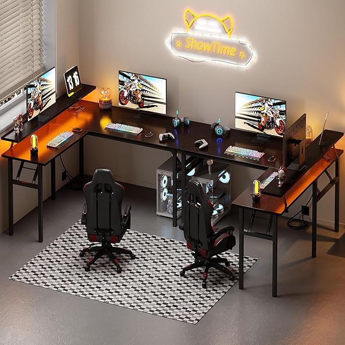 DlandHome Reversible L-Shaped Desk with Monitor Stand,LED Lighting Computer Desk with Power Outlets,Home Office Table Computer Workstation, Black - LeafyLoom