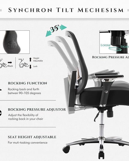 COLAMY Big and Tall Office Chair 500lbs, Heavy Duty Ergonomic Mesh Chair, Computer Executive Desk Chair with Wide Thick Seat, 4D Armrests, Adjustable Lumbar Support and Tilt-Black - LeafyLoom