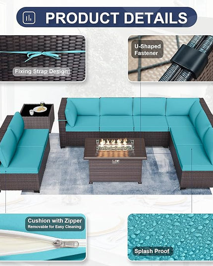 Patio Furniture Sectional Sofa Set 10-Pieces PE Rattan Patio Conversation Set w/43in Gas Fire Pit Table, Outdoor Furniture with 55000 BTU Propane Fire Pit, Blue - LeafyLoom