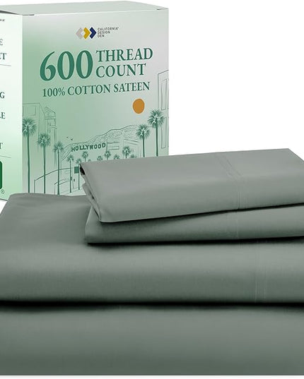 California Design Den Luxury Twin Sheet Set - 100% Cotton, 600 Thread Count Deep Pocket Twin Sheets, Soft Hotel-Quality Bedding with Sateen Weave - Sage Green - LeafyLoom