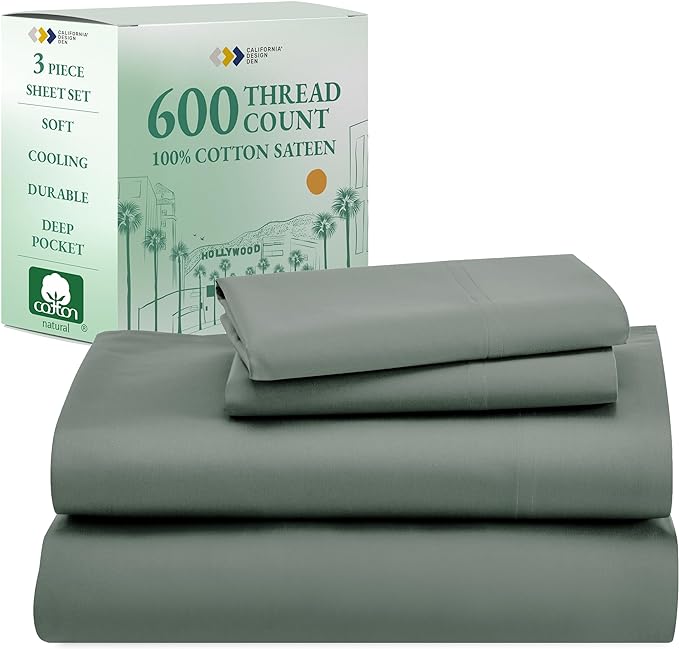 California Design Den Luxury Twin Sheet Set - 100% Cotton, 600 Thread Count Deep Pocket Twin Sheets, Soft Hotel-Quality Bedding with Sateen Weave - Sage Green - LeafyLoom