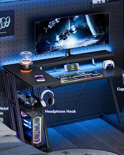 Computer Gaming Desk with Power Outlet & LED Lights, 47 Inch L Shaped Gamer Table with Storage Shelves for Bedroom, Reversible Corner Home Office Desk, Carbon Fiber Black - LeafyLoom