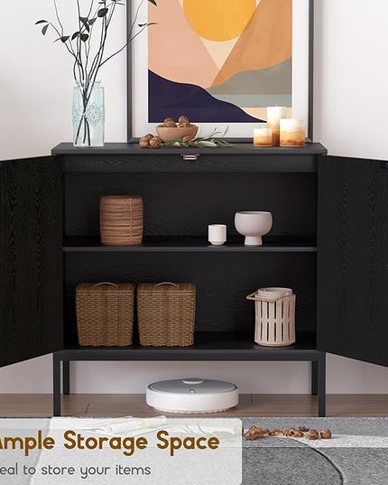 XIAO WEI Sideboard with Handmade Natural Rattan Doors, Rattan Cabinet Console Table Storage Cabinet Buffet Cabinet, for Kitchen, Living Room, Hallway, Entryway, Black - LeafyLoom