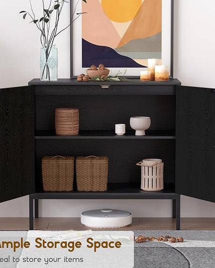 XIAO WEI Buffet Sideboard with Handmade Natural Rattan Woven Doors, Buffet Cabinet Accent Cabinet Rattan Cabinet, Sideboard Cabinet, for Kitchen Living Room Living Room Entryway, Black,Oval Doors - LeafyLoom