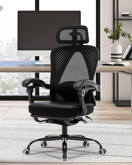 Office Chair Ergonomic Desk Chair, Reclining PU Cushion Mesh Computer Chair with Adjustable Lumbar Support, Headrest and Footrest, High Back Home Office Desk Chair, 360° Swivel Executive Task Chair - LeafyLoom