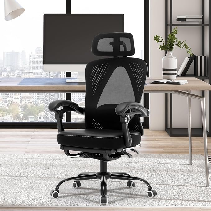 Office Chair Ergonomic Desk Chair, Reclining PU Cushion Mesh Computer Chair with Adjustable Lumbar Support, Headrest and Footrest, High Back Home Office Desk Chair, 360° Swivel Executive Task Chair - LeafyLoom
