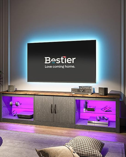 Bestier 70 Inch Led TV Stand for 75 Inch TV Large Entertainment Center Gaming with Adjustable Glass Shelves Two Cabinets Modern TV Console for Living Room 22 RGB Modes, Golden Black - LeafyLoom