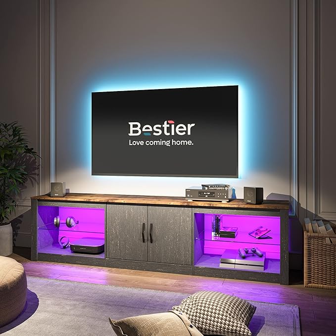 Bestier 70 Inch Led TV Stand for 75 Inch TV Large Entertainment Center Gaming with Adjustable Glass Shelves Two Cabinets Modern TV Console for Living Room 22 RGB Modes, Golden Black - LeafyLoom