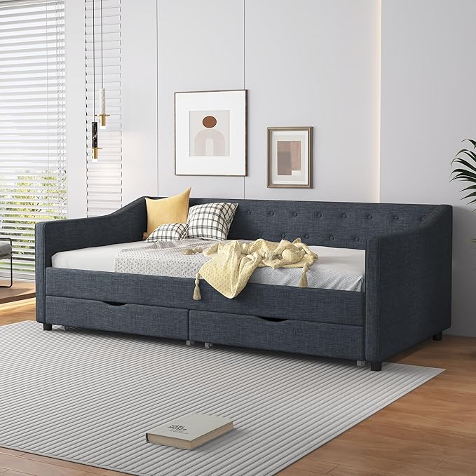 Twin Size Daybed with Storage Upholstered Day Bed frame with Drawers & Button Tufted Backrest,for Living Room Bedroom,Wood Slat Support,No Box Spring Needed,Dark Grey - LeafyLoom