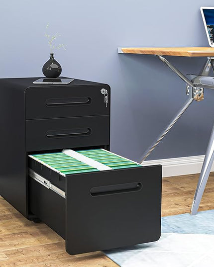 YITAHOME 3-Drawer Metal Mobile File Cabinet, Rolling Filing Cabinet with Lock, Filing Cabinet Under Desk fits Legal/A4 Size for Home/Office, Fully Assembled,Black - LeafyLoom