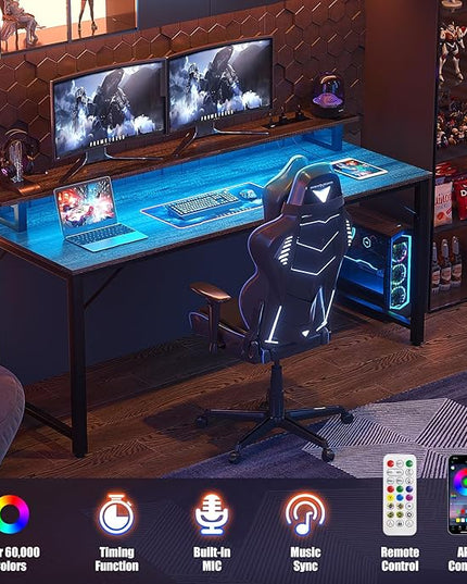 Computer Desk with USB Power Outlets and LED Lights, 55 inch Gaming desk with Monitor Stand for Small Space Home Office, Modern Simple Study Writing Table PC Desks, Black Oak - LeafyLoom