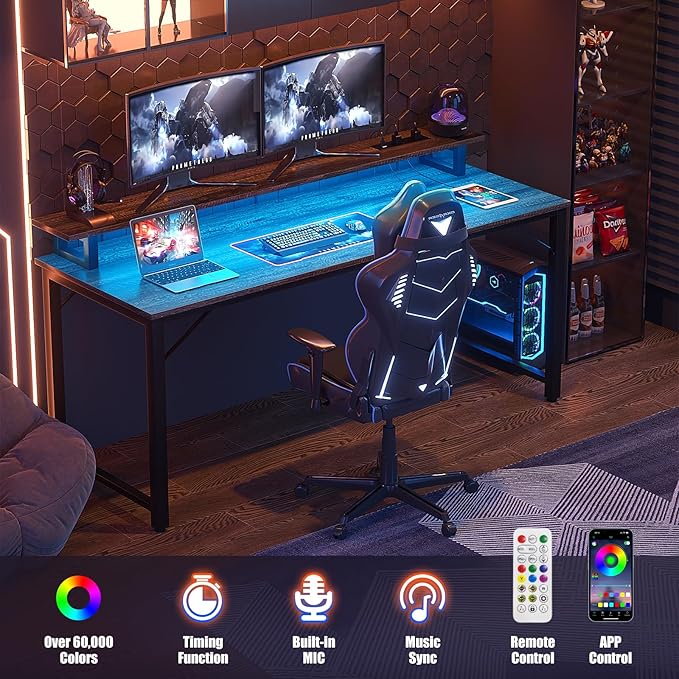 Computer Desk with USB Power Outlets and LED Lights, 55 inch Gaming desk with Monitor Stand for Small Space Home Office, Modern Simple Study Writing Table PC Desks, Black Oak - LeafyLoom