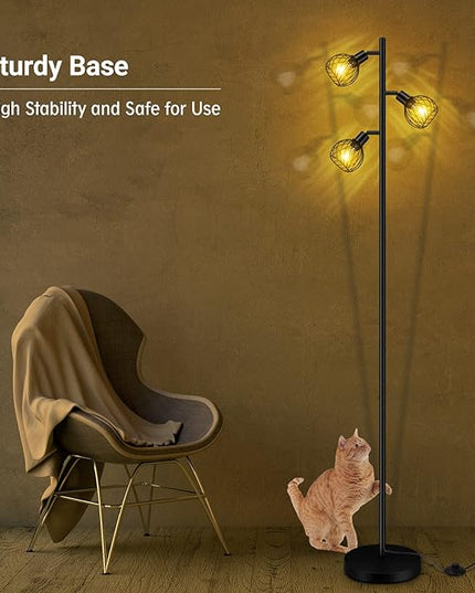 Floor Lamp, Industrial Floor Lamp, Modern Standing lamp with 3 Adjustable Light, 4W E12 LED Bulbs, Metal Stand Up Lamps, Vintage Farmhouse Tree Floor Lamps for Living Room/Bedroom/Office, Black - LeafyLoom