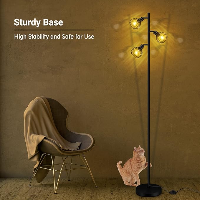 Floor Lamp, Industrial Floor Lamp, Modern Standing lamp with 3 Adjustable Light, 4W E12 LED Bulbs, Metal Stand Up Lamps, Vintage Farmhouse Tree Floor Lamps for Living Room/Bedroom/Office, Black - LeafyLoom