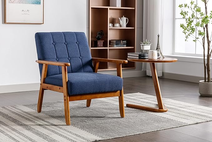 Mid-Century Accent, Modern Single Armchair, Upholstered Leisure Lounge Chair wth Solid Wood Armrest and Feet for Living Room, Bedroom, Office, Navy Blue - LeafyLoom