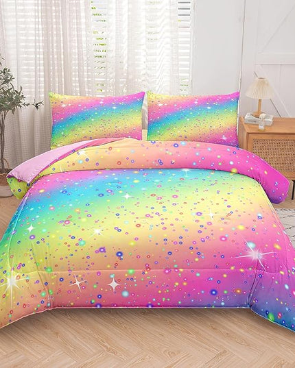 Twin Bedding Set Teen Girls, Galaxy Twinkle Comforter for Kids, Colorful Rainbow Bedding Set for All Season (Twin, 2 Pieces) - LeafyLoom