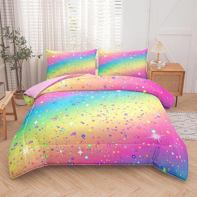 Twin Bedding Set Teen Girls, Galaxy Twinkle Comforter for Kids, Colorful Rainbow Bedding Set for All Season (Twin, 2 Pieces) - LeafyLoom
