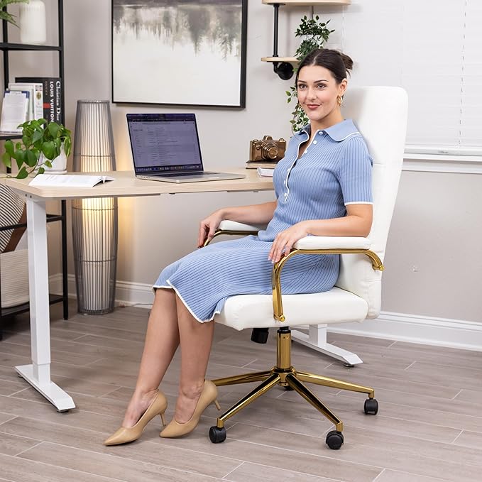 White and Gold Office Chair, High Back office Chair for Women, Modern Desk Chair Comfy with Arms, Leather Executive office Chair with Wheels - LeafyLoom