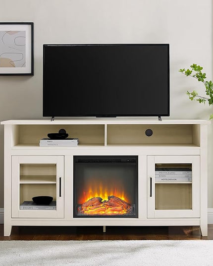Walker Edison Durango Modern Farmhouse Glass Door Highboy Fireplace Stand for TVs up to 65 Inches, Grey Wash - LeafyLoom