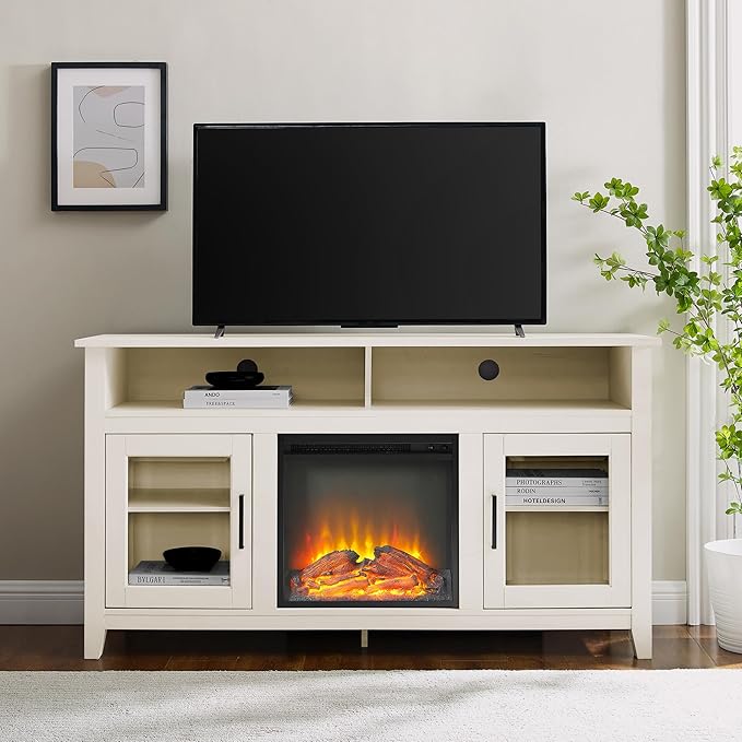 Walker Edison Durango Modern Farmhouse Glass Door Highboy Fireplace Stand for TVs up to 65 Inches, Grey Wash - LeafyLoom