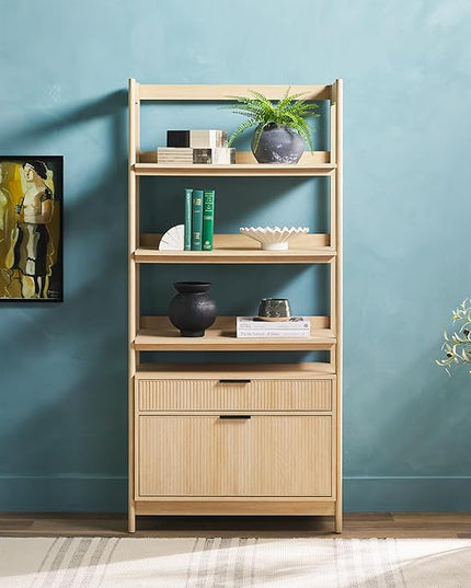 Walker Edison Modern Reeded 4-Shelf Bookshelf Bottom, 33 Inch, Two-Drawer Coastal Oak - LeafyLoom