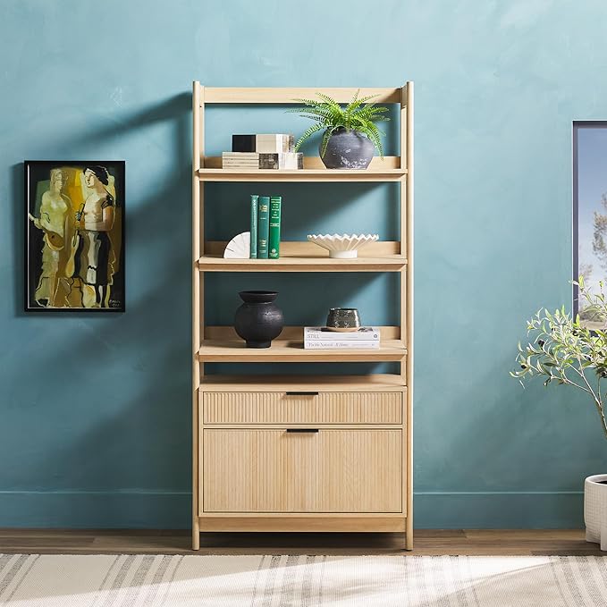 Walker Edison Modern Reeded 4-Shelf Bookshelf Bottom, 33 Inch, Two-Drawer Coastal Oak - LeafyLoom