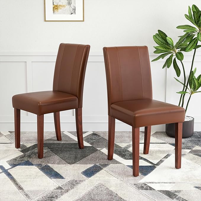 Soohow Upholstered Set of 2 with Solid Wood Legs Armless Indoor Dining Room, Kitchen Table Parson Chairs, Dark Brown Leather - LeafyLoom
