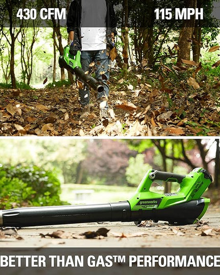 Greenworks 40V (115 MPH / 430 CFM) Brushless Axial Leaf Blower, 2.0Ah Battery and Charger Included - LeafyLoom